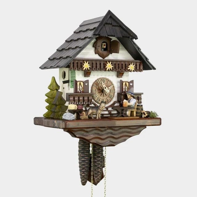 Traditional Black Forest Chalet Clock - Movable Beer Drinker & Edelweiss For Sale - Image 4 of 5