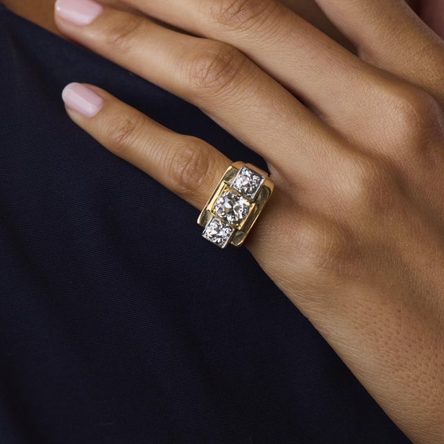 Mid 20th Century Mid 20th Century Retro French Gia 2.28 Carat Old Mine Cut Diamond 18k Yellow Gold Tank Ring, Size 4 For Sale - Image 5 of 6