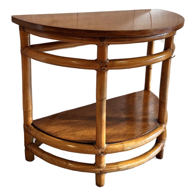 Vintage 1940’s Mid-Century Original Condition Rattan, Bamboo Two Tier Drink Table, Side Table in Rare Demi-Lune Shape, Palm Beach Style For Sale