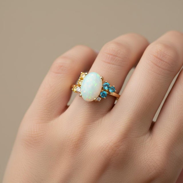 White Opal Multicolor Ring in 14k Gold, Size 7.5 For Sale - Image 4 of 9