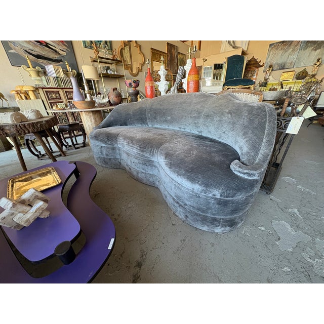 Gray Vintage Custom Curved Velvet Sofa For Sale - Image 8 of 13