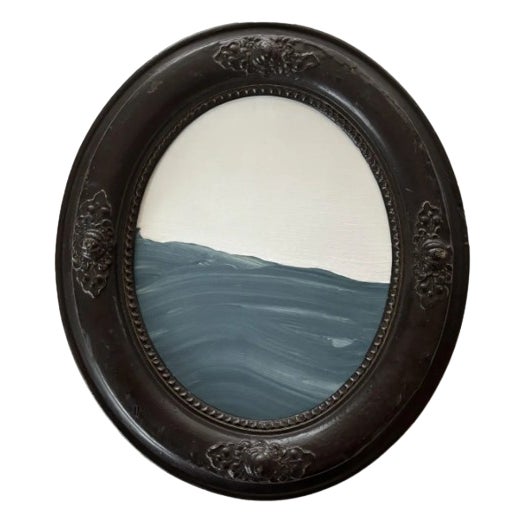 "Porthole" Abstract Art in Oval Antique Frame, Small Seascape Painting Transitional Wall Art by JTS For Sale