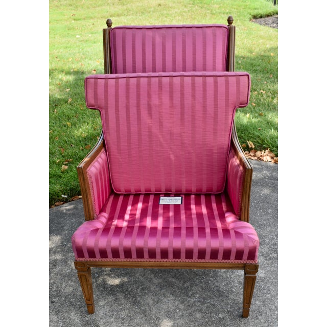 Hollywood Regency Style Bergere Armchair Pink Magenta Striped Satin Accent Chair For Sale - Image 9 of 14
