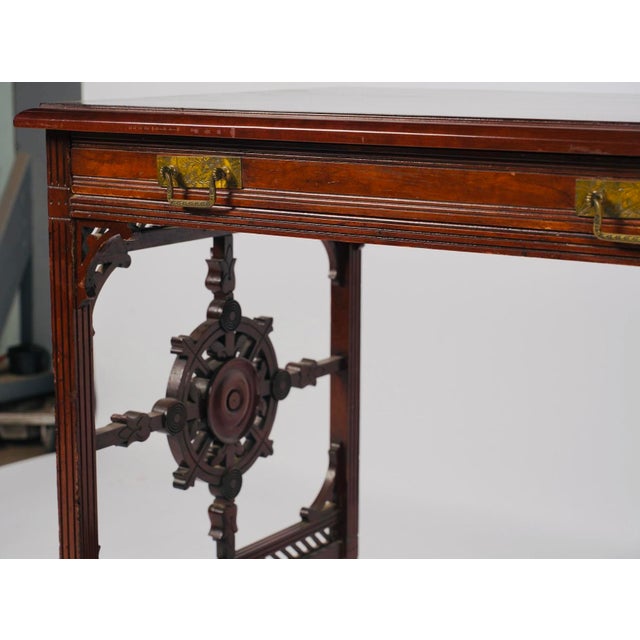 Brown 1880s English Aesthetic Movement Mahogany Writing Desk With Pierced Geometric Carving For Sale - Image 8 of 9