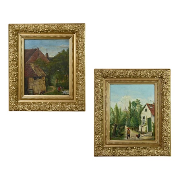 A. Minne, Country Scenes, Late 19th Century, Oil on Canvases, Framed, Set of 2 For Sale