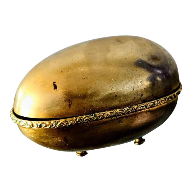 1940s Brass Egg Trinket Box Trimmed With Ormolu Painted Egg Inside For Sale