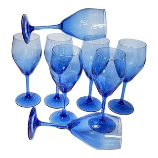 Cobalt Blue Handblown Glass Wine Goblets - Set of 8 For Sale