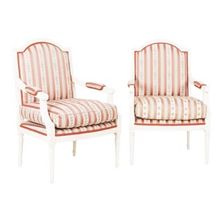 Late 19th Century White Painted Gustavian Armchairs With Original Striped Silk Upholstery and Down-Stuffed Cushions, a Pair For Sale