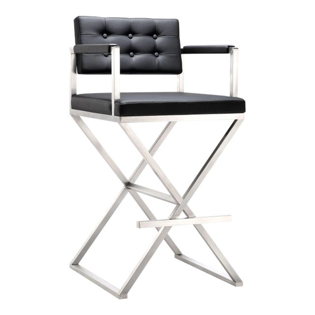 Director Black Vegan Leather & Steel Bar Stool For Sale