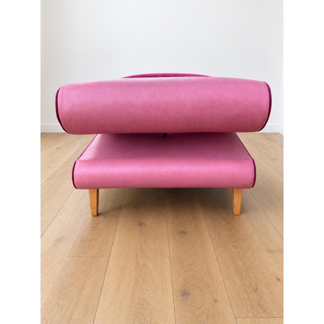 Mid Century Modern Chaise With Adjustable Head Rest. Freshly Reupholstered in Pink Leather Accented With Cherry Mohair Welting. For Sale - Image 4 of 7