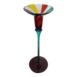 Vintage Hand Blown Art Glass Candlestick Holder Multicolor Murano Style Decor For Sale