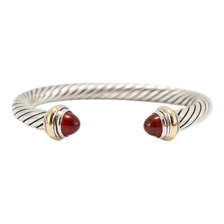 David Yurman Classic Cable 7mm 18k Yg 925 Silver Carnelian Bangle Cuff Bracelet For Sale