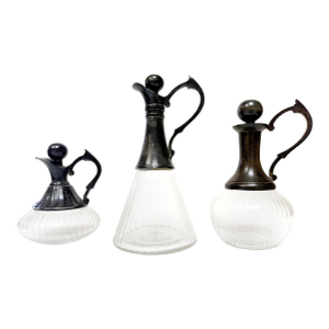 Mid Century Cut Crystal & Metal Top Decanter Set - 3 Pieces