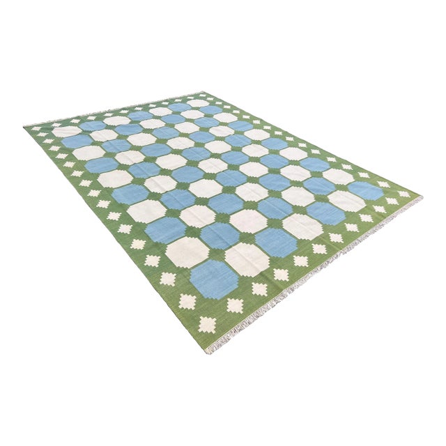 Handmade Woolen Rug, Sky Blue With Cream and Moss Green Border Tile Dhurrie - 10'x14' For Sale