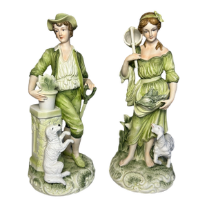 Vintage Pair of 1970's Sadek Porcelain Figurines in Green - Pastoral Boy & Girl