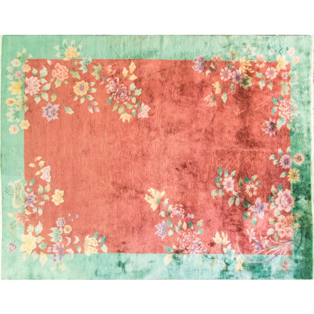 The materials are from vegetable dyes wool pile over cotton foundation. The pattern is floral in deco style. This...