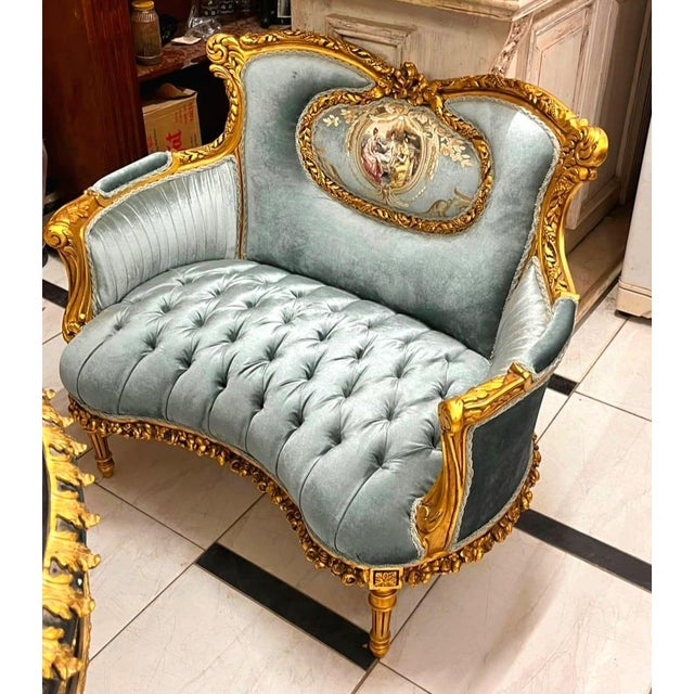 French Elegant French Rococo Loveseat With Blue Damask Fabric & Gilded Louis XV Frame For Sale - Image 3 of 3