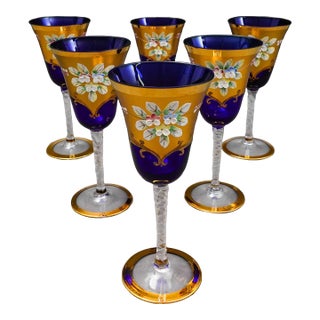 Tre Fuochi Venetian Glass Cobalt Blue 24k Gold Wine Glasses Set of 6 For Sale
