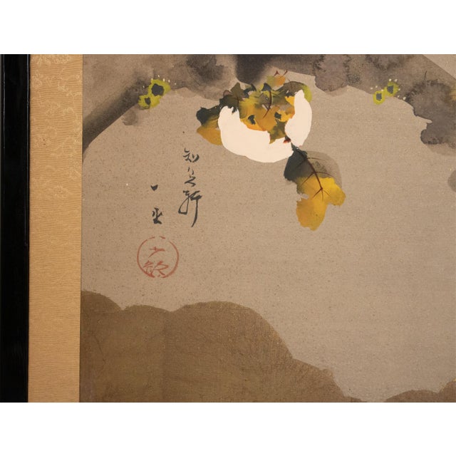 "Sparrows and Persimmon", Showa Era Japanese Yamato-E Style Byobu Screen For Sale - Image 15 of 18