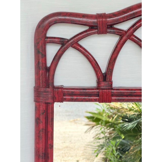 Chinoiserie Vintage Palm Beach Regency Vermillion Red Faux Tortoiseshell Bamboo Rattan Arched Wall Mirror - Newly Painted For Sale - Image 3 of 11