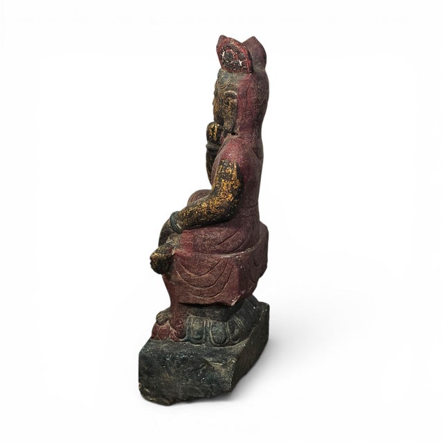 Asian Polychrome Seated Bodhisattva Sculpture on Lotus Base 23" For Sale - Image 11 of 17