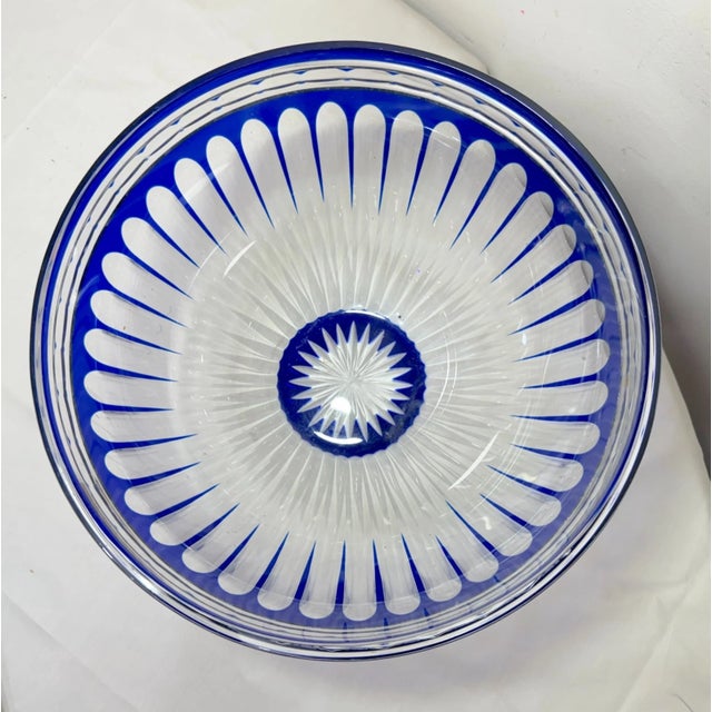 Vintage Bohemian Czech Centerpiece Cobalt Blue Cut to Clear Glass Crystal Bowl For Sale In New York - Image 6 of 9