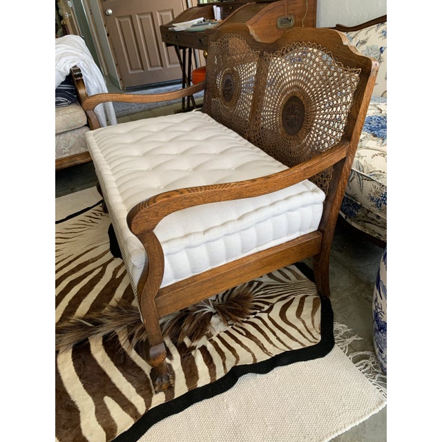 1920s Antique English Oak Medallion Cane Back Bench Settee For Sale - Image 5 of 12