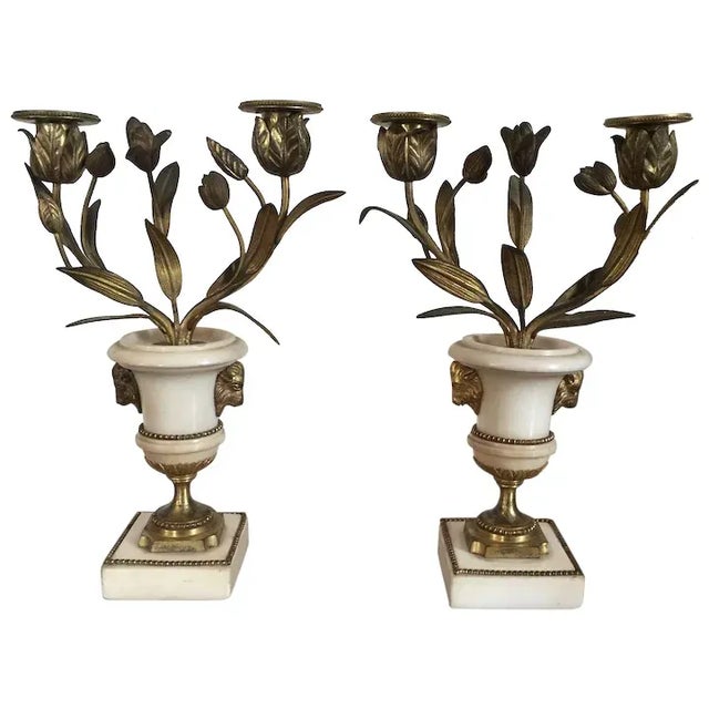 18th Century French Louis XVI Fire Gilt Bronze & White Marble Candelabra - A Pair For Sale - Image 11 of 11