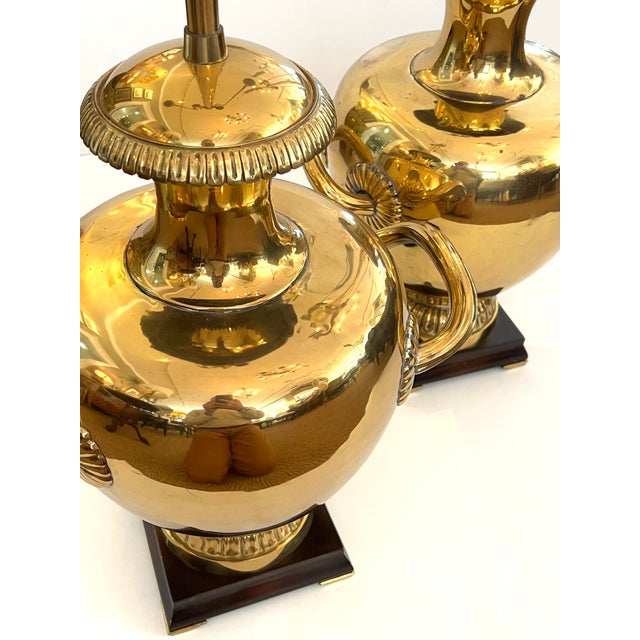 1950s Striking Pair Hollywood Regency Marbro Polished Brass 'Hydria' Lamps For Sale - Image 5 of 12
