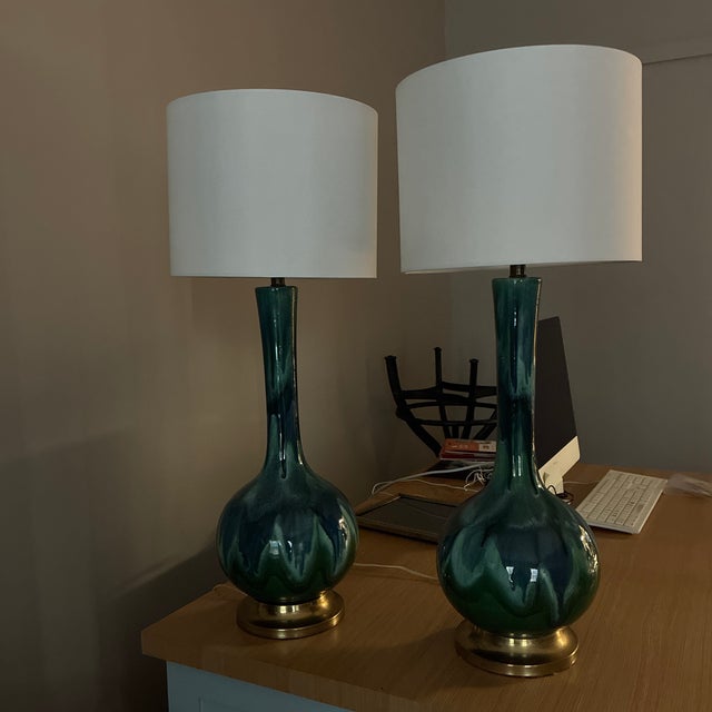 1960s Mid-Century Modern Royal Haeger Style Drip Blue Green Glaze Lamp For Sale - Image 4 of 6
