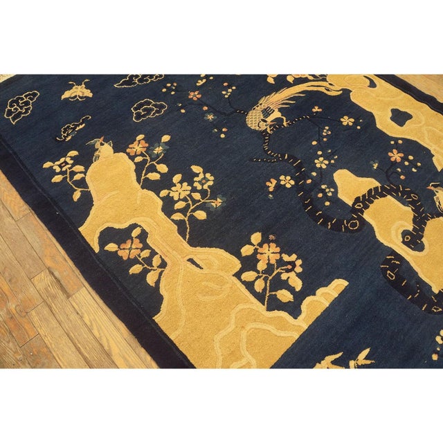 1920s Navy Blue Scene Pictorial Antique Chinese Peking Carpet Knotted Small Rug For Sale - Image 4 of 10