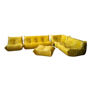 Yellow Dubai Leather Togo Sofa, 1970s, Set of 5 For Sale
