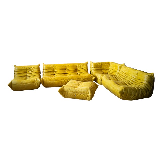 Yellow Dubai Leather Togo Sofa, 1970s, Set of 5 For Sale