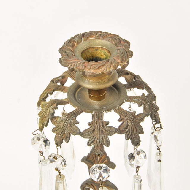 19th Century Antique Brass Spaniel Dog Candle Holders With Marble Base and Crystals For Sale - Image 5 of 16
