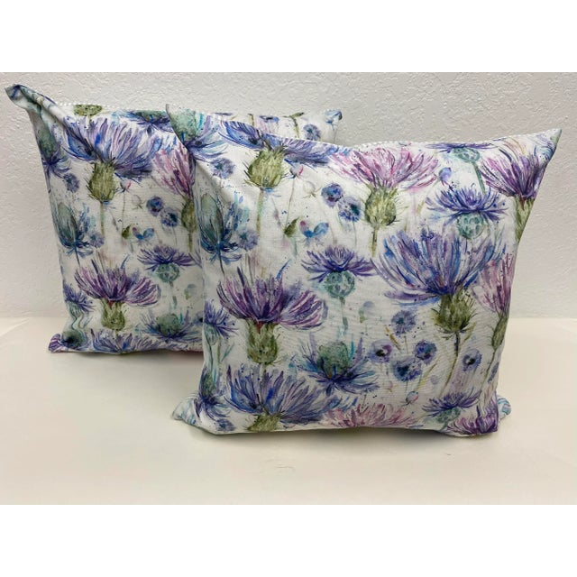 Pair of 20" Square Pillows With a Blue & Purple Cornflower Floral Pattern - Made in Uk For Sale - Image 10 of 10