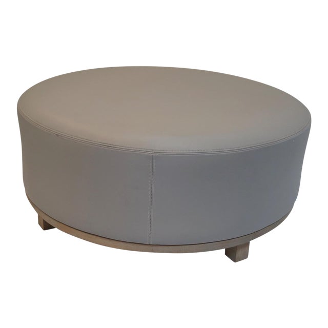 Round Leather Gray Ottoman With Natural Wood Legs Chairish