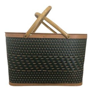 Classic Vintage 1930’s Green Tan Wicker Picnic Basket With Interior Shelving For Sale