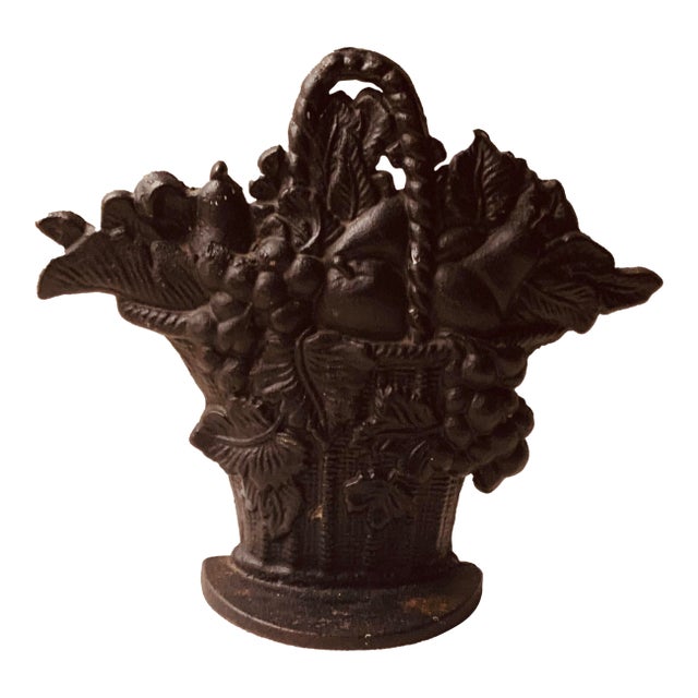 Antique American Cast Iron Fruit Basket Doorstop, C. 1920s–1930s, Black Paint For Sale
