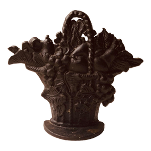 Antique American Cast Iron Fruit Basket Doorstop, C. 1920s–1930s, Black Paint