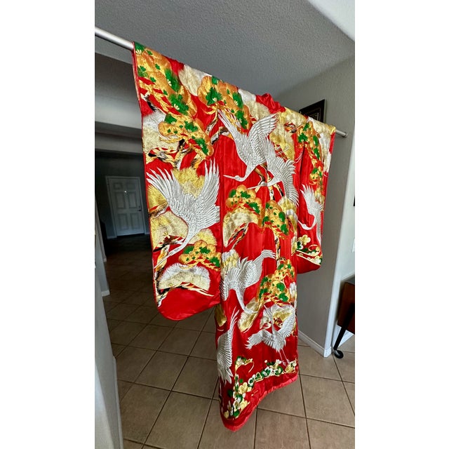 Vintage Red Brocade With Flying Cranes Japanese Ceremonial Kimono For Sale - Image 15 of 18