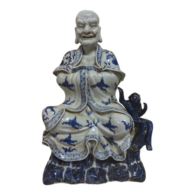 Chinese Vintage Ceramic Buddhist Sculpture,Hand Carved Blue and White Porcelain the Eighteen Arhats Statue For Sale