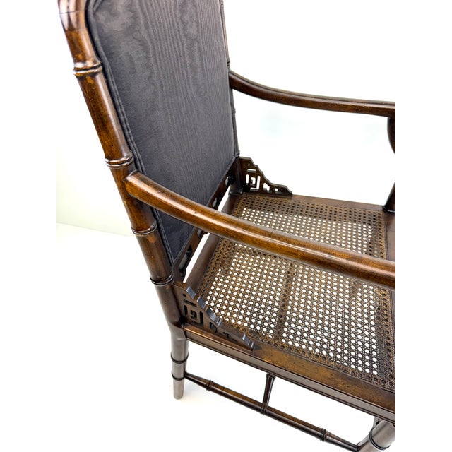 Mid-Century Modern 1960s Chinoiserie Faux Bamboo Armchair With Cane Seat and Upholstered Back Panel For Sale - Image 3 of 8