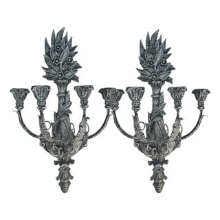 Pair of Monumental Hand-Carved White-Washed Wood Five-Light Wall Candelabras For Sale