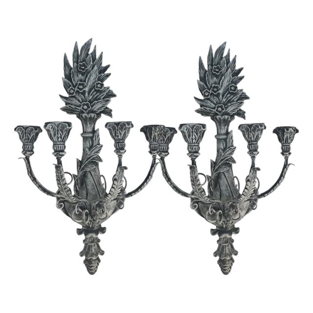 Pair of Monumental Hand-Carved White-Washed Wood Five-Light Wall Candelabras For Sale