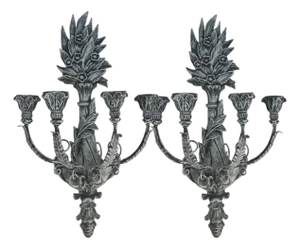 Pair of Monumental Hand-Carved White-Washed Wood Five-Light Wall Candelabras