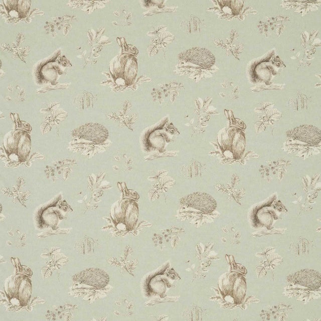 Sanderson Squirrel & Hedgehog Fabric in Seaspray/Charcoal - a Sample For Sale