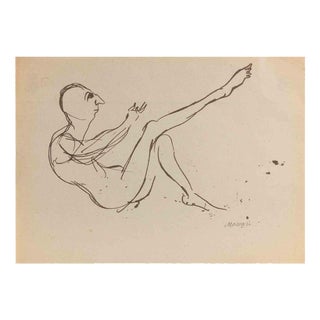 Mino Maccari, Nude, Man Lying, 1950s, Pen on Paper For Sale