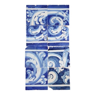 Antique 18th Century Portuguese Blue & White Rococo Scroll Tiles, Baroque Period, Set of 8 For Sale