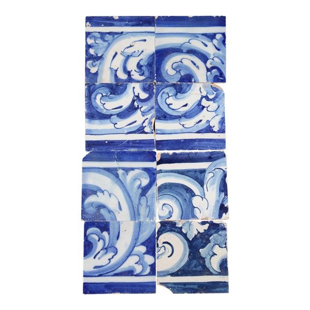 Antique 18th Century Portuguese Blue & White Rococo Scroll Tiles, Baroque Period, Set of 8 For Sale