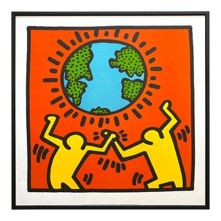 Keith Haring Estate Vintage 1992 Lithograph Print Framed Pop Art Poster " Earth Day " 1985 For Sale